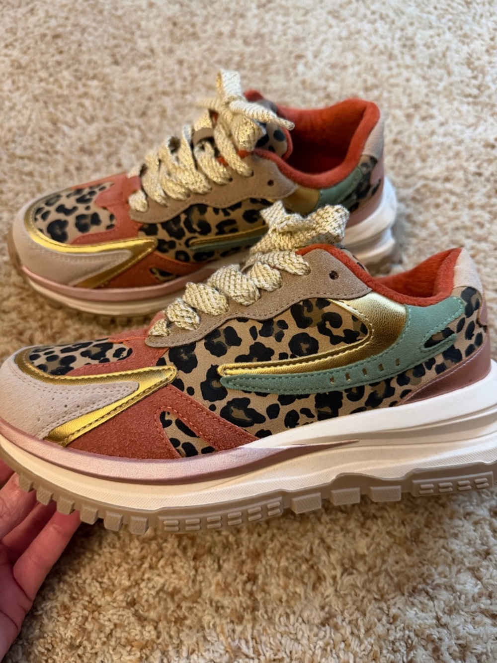 Girls Leopard Print Platform Sneakers with Gold & Mint Accents